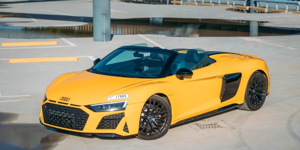 Exotic Audi R8 V10 Spyder convertible for rent in Dubai, offering unmatched performance and luxury driving experience
