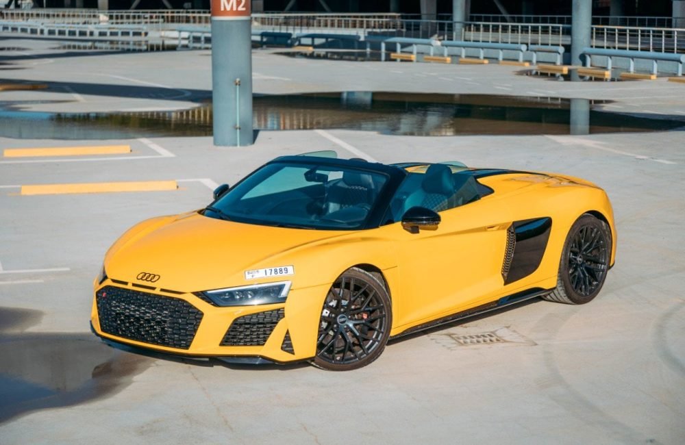Exotic Audi R8 V10 Spyder convertible for rent in Dubai, offering unmatched performance and luxury driving experience