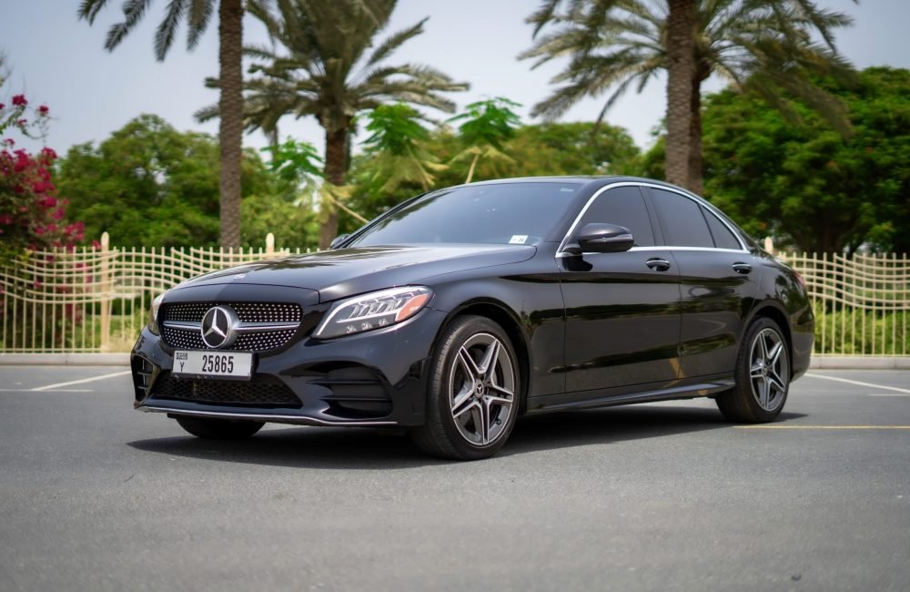 Elegant black Mercedes C300 2020 for rent in Dubai offering luxury comfort and smooth performance