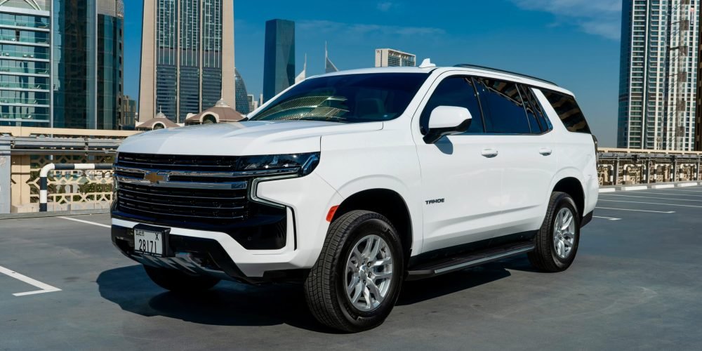 Spacious white Chevrolet Tahoe 2021 for rent in Dubai offering premium comfort advanced features and reliable performance