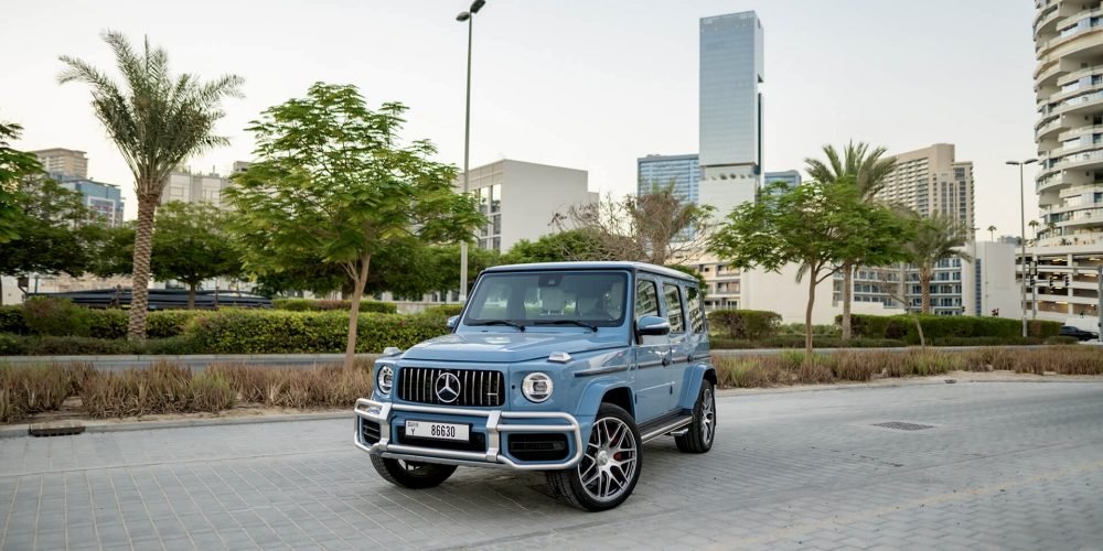Stylish blue Mercedes G63 AMG for rent in Dubai offering luxurious design powerful performance and advanced technology for an elite driving experience