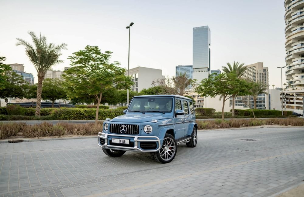 Stylish blue Mercedes G63 AMG for rent in Dubai offering luxurious design powerful performance and advanced technology for an elite driving experience