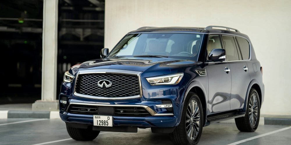 Luxurious blue Infiniti QX80 for rent in Dubai offering spacious comfort powerful performance and advanced features for a premium and refined driving experience