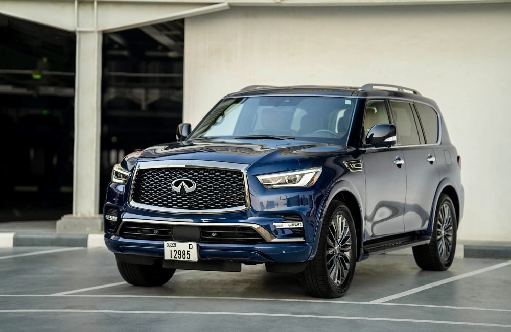 Luxurious blue Infiniti QX80 for rent in Dubai offering spacious comfort powerful performance and advanced features for a premium and refined driving experience