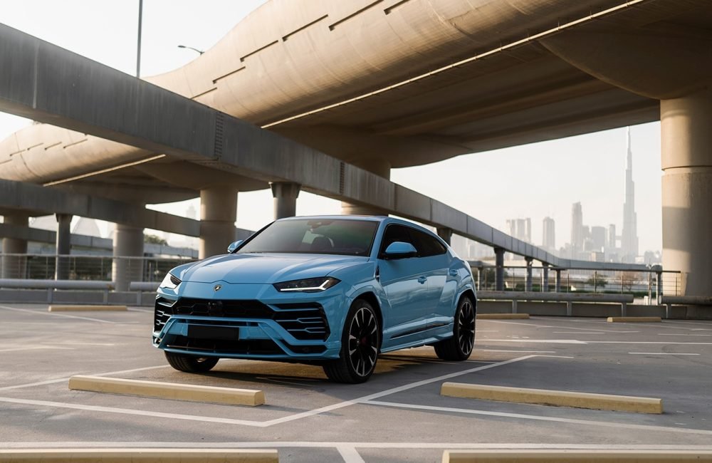 Sky blue Lamborghini Urus for rent in Dubai offering supercar performance luxurious design and advanced technology for an unforgettable driving experience