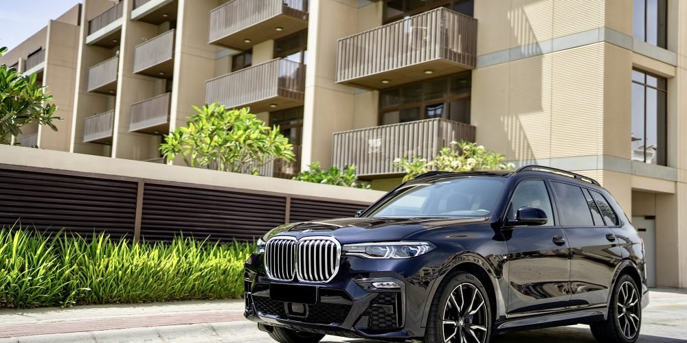 Elegant dark blue BMW X7 for rent in Dubai offering luxurious comfort advanced technology and powerful performance for a premium driving experience