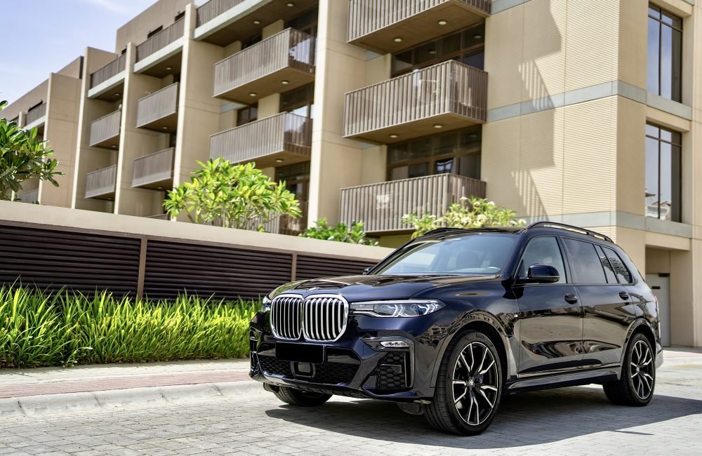 Elegant dark blue BMW X7 for rent in Dubai offering luxurious comfort advanced technology and powerful performance for a premium driving experience
