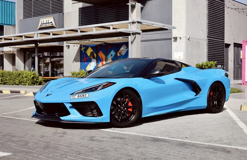 Stunning blue Chevrolet Corvette 2023 for rent in Dubai offering high-performance engineering sleek design and an exhilarating driving experience
