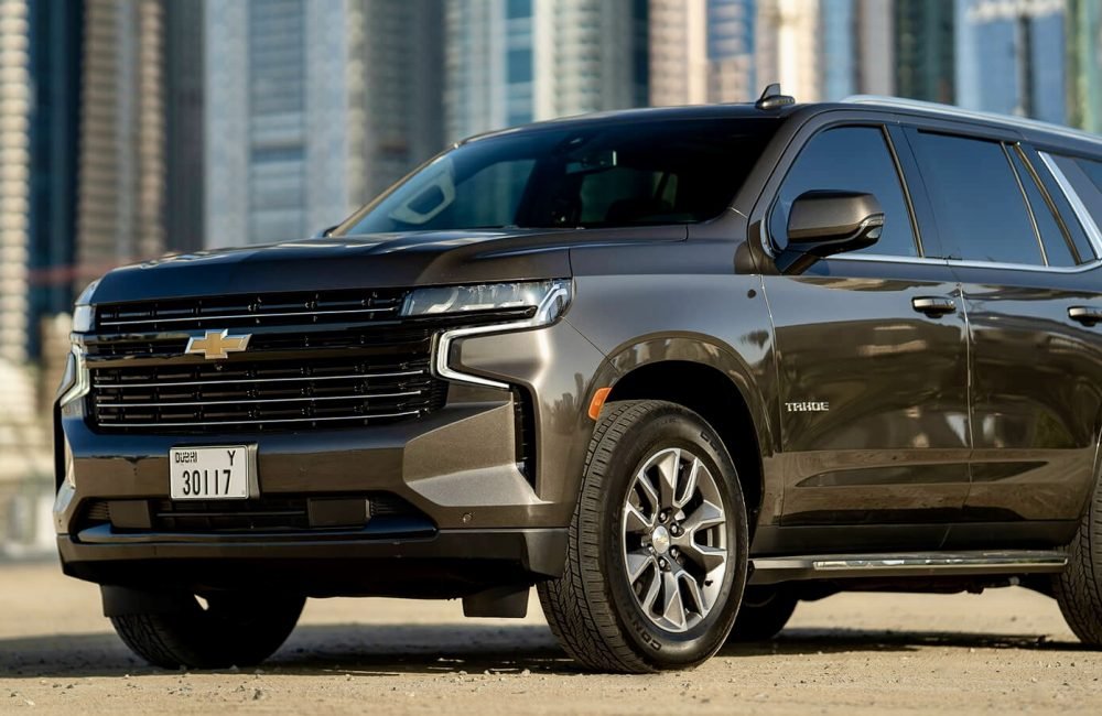 Stylish grey Chevrolet Tahoe for rent in Dubai offering spacious comfort advanced features and powerful performance for family trips or group travel