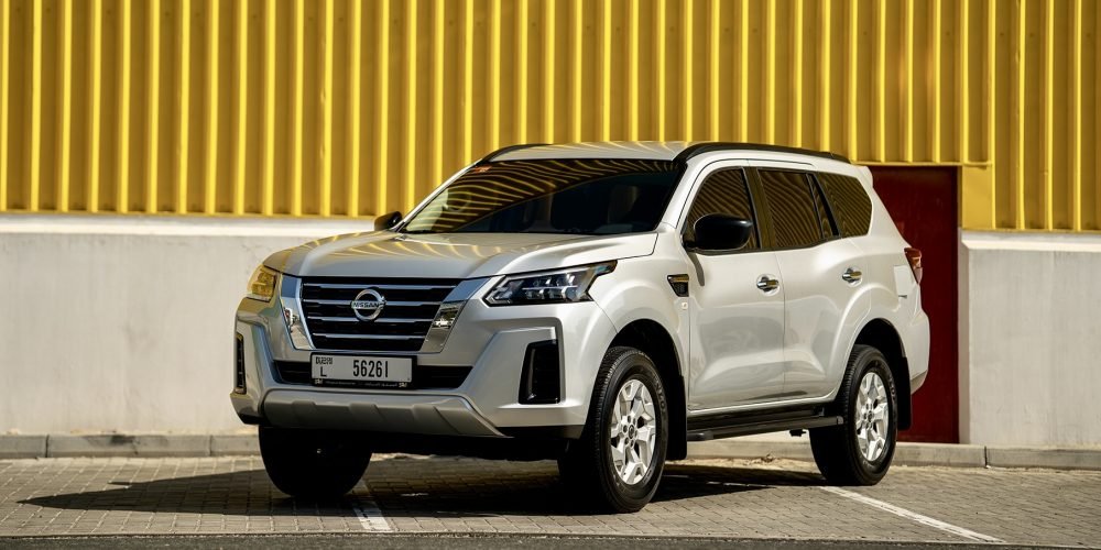 Stylish silver Nissan X-Terra for rent in Dubai offering spacious comfort advanced features and reliable performance for both city driving and off-road adventures
