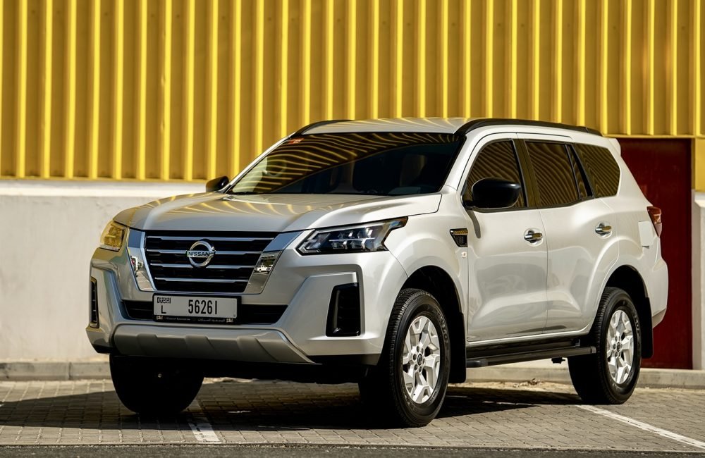 Stylish silver Nissan X-Terra for rent in Dubai offering spacious comfort advanced features and reliable performance for both city driving and off-road adventures