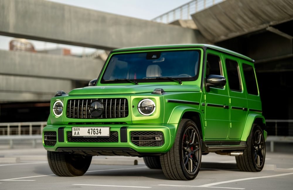 Exclusive green Mercedes G63 AMG 2023 for rent in Dubai offering powerful performance luxurious comfort and iconic design for an elite driving experience