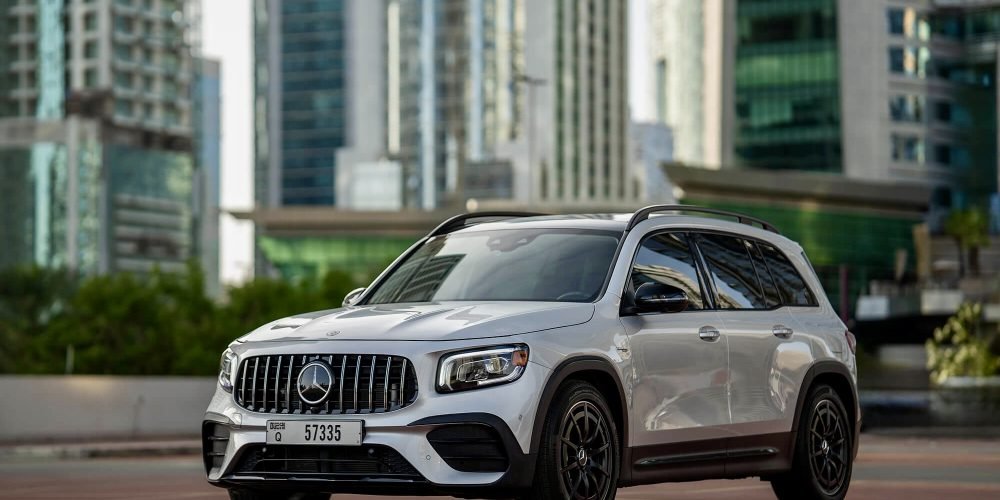 Silver Mercedes GLB35 AMG for rent in Dubai offering sporty design compact luxury and dynamic performance for a versatile premium driving experience