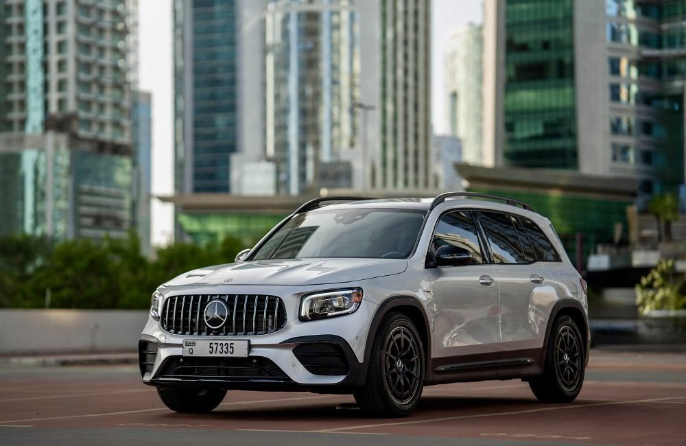 Silver Mercedes GLB35 AMG for rent in Dubai offering sporty design compact luxury and dynamic performance for a versatile premium driving experience