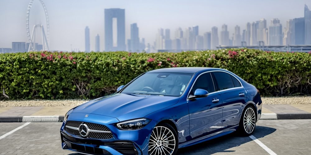 Elegant blue Mercedes C200 2024 for rent in Dubai offering a perfect blend of luxury advanced technology and smooth performance for a premium driving experience