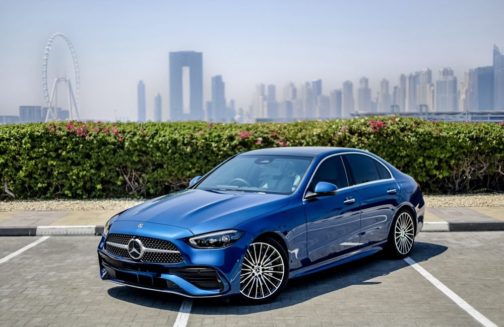 Elegant blue Mercedes C200 2024 for rent in Dubai offering a perfect blend of luxury advanced technology and smooth performance for a premium driving experience