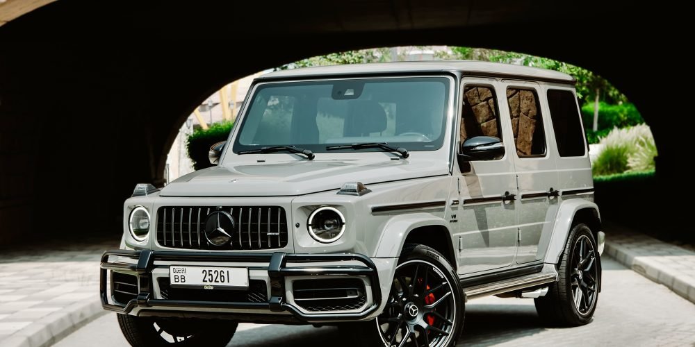 Powerful grey Mercedes G63 AMG for rent in Dubai offering a perfect blend of luxury off-road capability and high-performance engineering for an elite driving experience