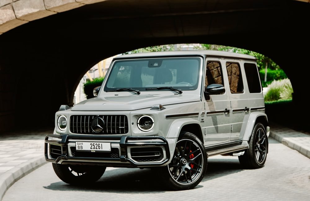 Powerful grey Mercedes G63 AMG for rent in Dubai offering a perfect blend of luxury off-road capability and high-performance engineering for an elite driving experience
