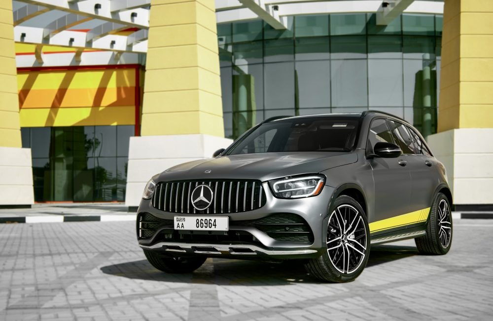 Stylish grey Mercedes GLC43 AMG for rent in Dubai offering a perfect combination of luxury sporty performance and advanced technology for an exhilarating driving experience