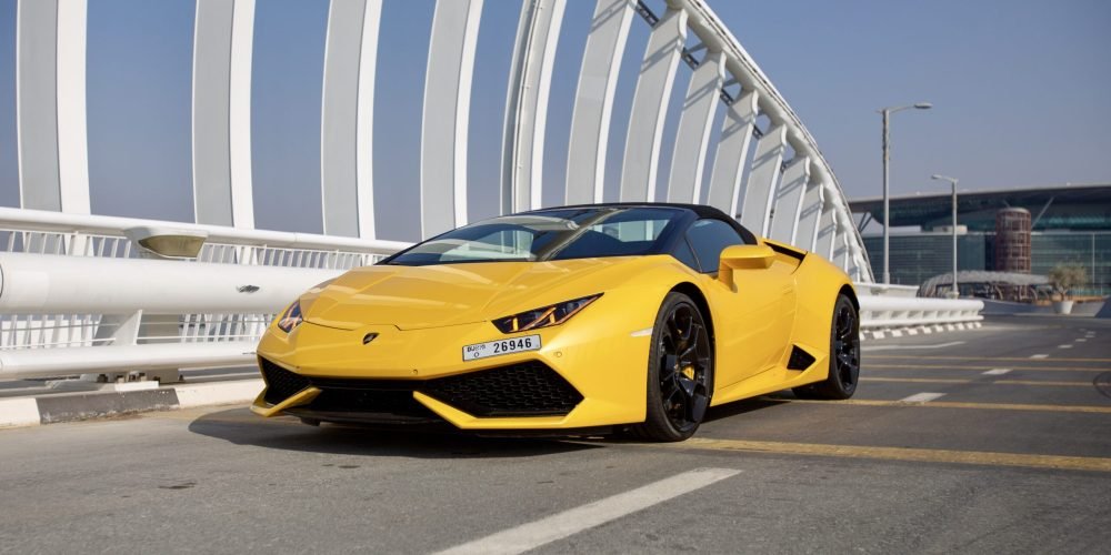 Iconic yellow Lamborghini Huracan Spyder 2021 for rent in Dubai offering a luxurious open-top driving experience with unmatched style and performance