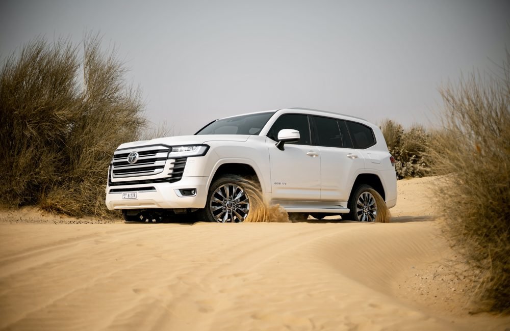 Luxurious white Toyota Land Cruiser 300 2023 for rent in Dubai offering powerful performance advanced technology and premium comfort for any journey